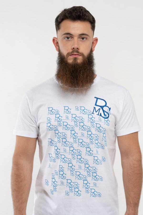 Camiseta RMS hombre blanca con letras celestes